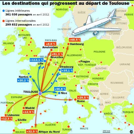 kart av Toulouse destinasjoner airport