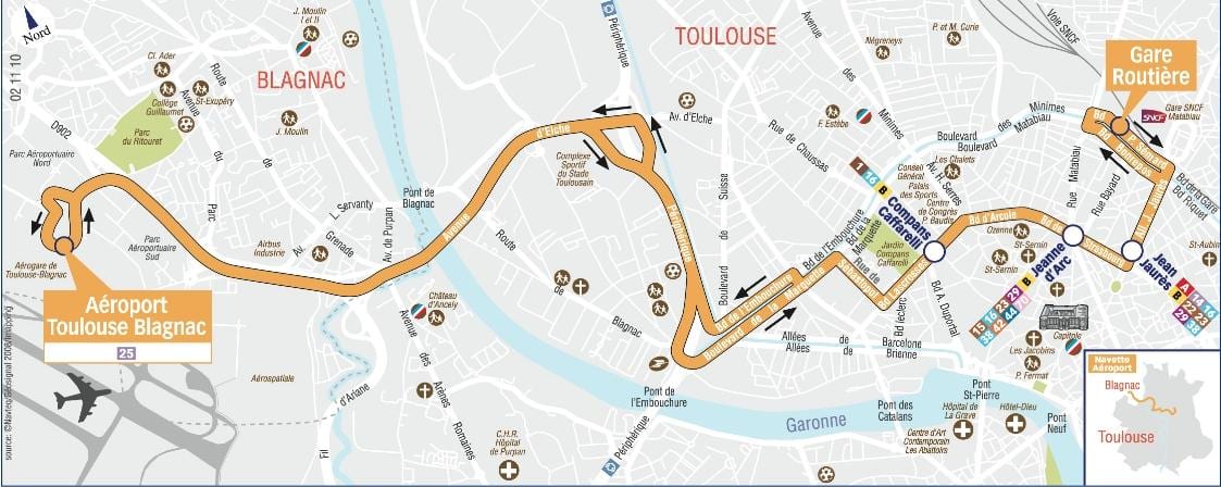 kart av Toulouse airport shuttle rute