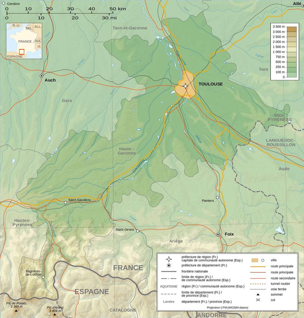 topografisk kart av Toulouse